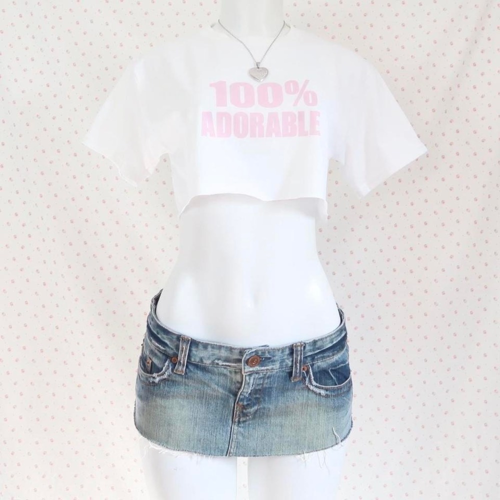 Y2K White & Pink "100% ADORABLE" Raw Hem Cropped Graphic T-Shirt